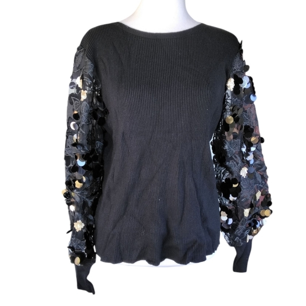 Anthropologie Sioni Ribbed Black Gold Sequin Balloon Sleeve Blouse Size Medium